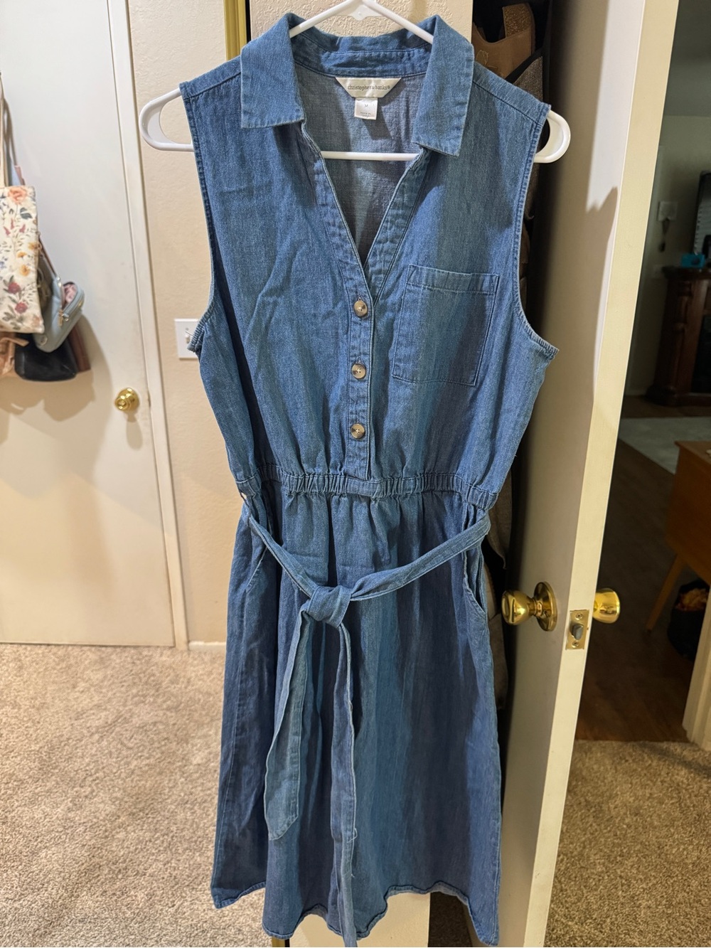 Christopher Banks Sleeveless Jean Button-Front Dress with Waist Tie
